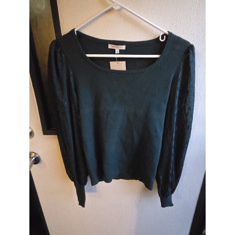 Skies Are blue Womens Small Green Sweater Blouse with sheer Sleeve NWT